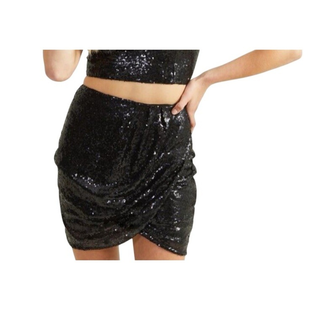 Altar'd State Black Sequin Skirt Size XS Lined Faux‎ Wrap Front Going Out Party